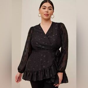 NWT Torrid Lurex Star Surplice Ruffle Hem Top Size 00 M/L Black